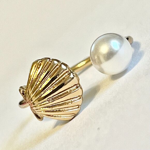 Scallop Sea Shell Ring White Pearl Gold Plated Size 8 9 Island Beach Simulated - Picture 5 of 12